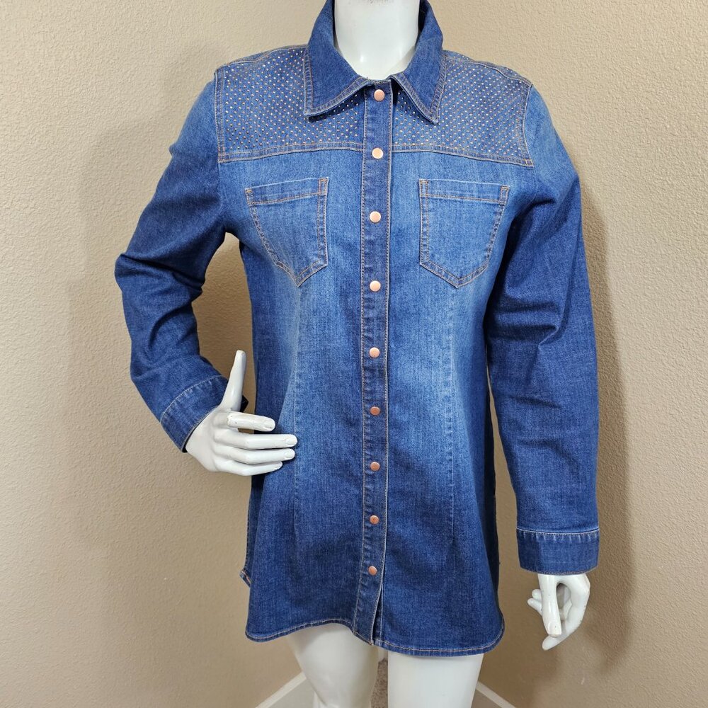 CHICO'S Bronze Studded Shoulder Jeans Snap Down Tunic Top~Size 1/M